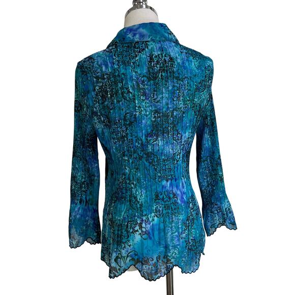 Laura Scott Blue Damask Printed Pleated Stretch Shirt Top - Picture 8 of 8